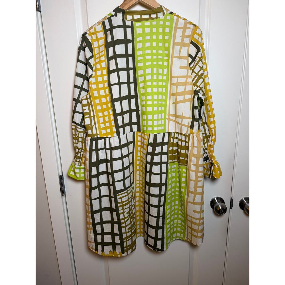 NOEN Boho Geometric Grid Print Tunic Dress with Smocked Cuffs Size 8 - Picture 4 of 8